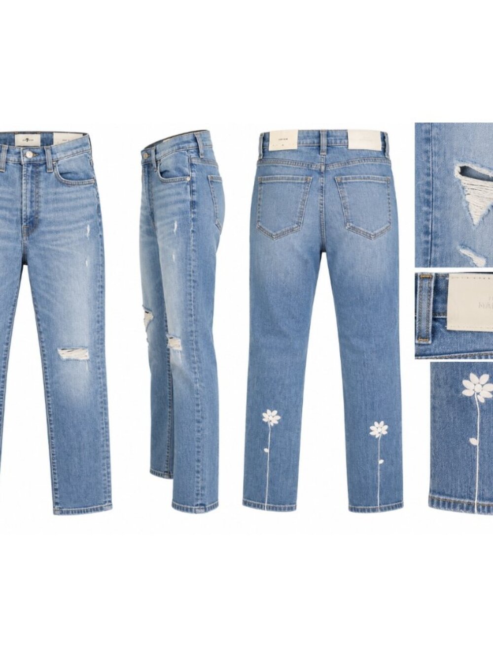 7 For All Mankind Easy Slim Light Blue Distressed Floral Jeans 24 NWT